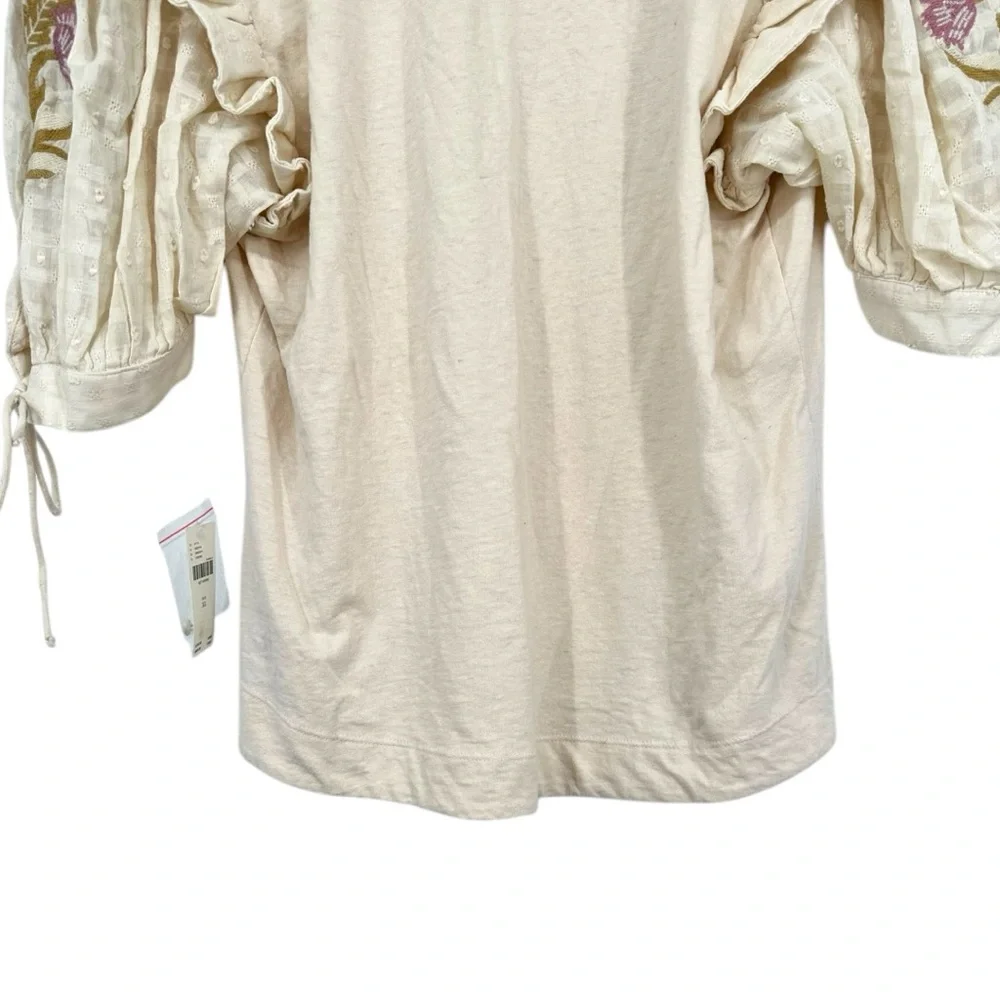 By Anthropologie Embroidered Elbow Puff-Sleeve Top size XL Cream Floral NWT